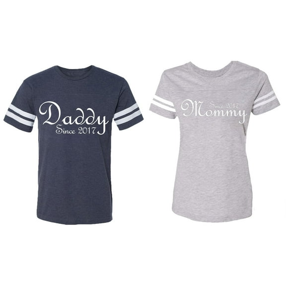 Daddy Mommy Since 2017 Matching Couple Cotton Jerseys (Men Navy / Women Heather) (Men S / Women L)