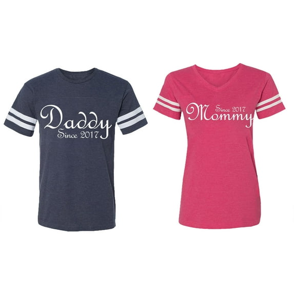 Daddy Mommy Since 2017 Matching Couple Cotton Jerseys (Men Navy / Women Pink) (Men M / Women S)