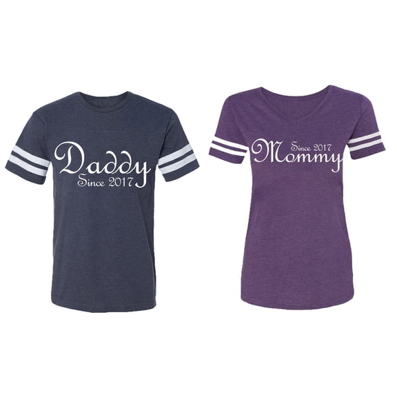 Daddy Mommy Since 2017 Matching Couple Cotton Jerseys (Men Navy / Women Purple) (Men XL / Women XL)