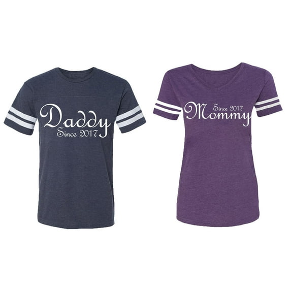 Daddy Mommy Since 2017 Matching Couple Cotton Jerseys (Men Navy / Women Purple) (Men XXL / Women XXL)