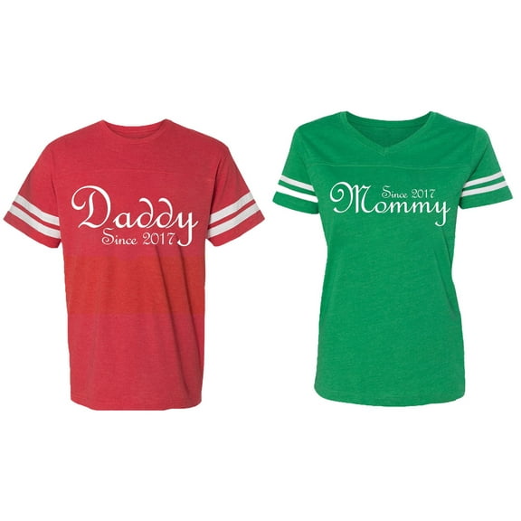 Daddy Mommy Since 2017 Matching Couple Cotton Jerseys (Men Red / Women Green) (Men XL / Women L)