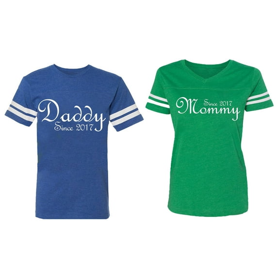Daddy Mommy Since 2017 Matching Couple Cotton Jerseys (Men Royal / Women Green) (Men S / Women L)