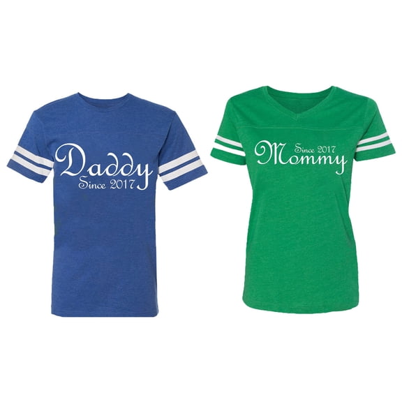 Daddy Mommy Since 2017 Matching Couple Cotton Jerseys (Men Royal / Women Green) (Men XXL / Women XL)