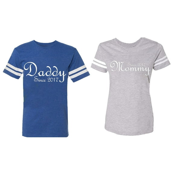 Daddy Mommy Since 2017 Matching Couple Cotton Jerseys (Men Royal / Women Heather) (Men S / Women L)