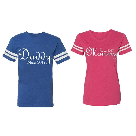 Daddy Mommy Since 2017 Matching Couple Cotton Jerseys (Men Royal / Women Pink) (Men L / Women M)