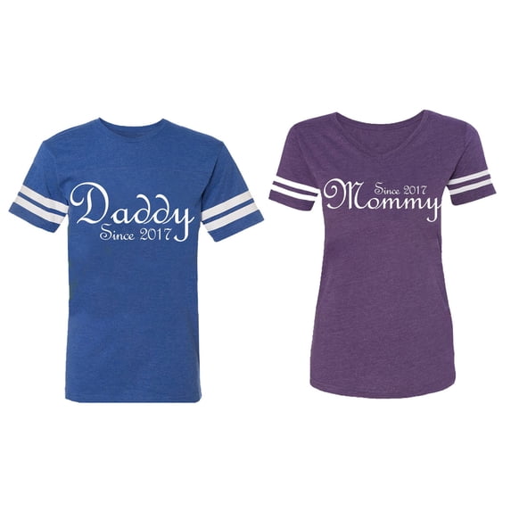 Daddy Mommy Since 2017 Matching Couple Cotton Jerseys (Men Royal / Women Purple) (Men S / Women L)