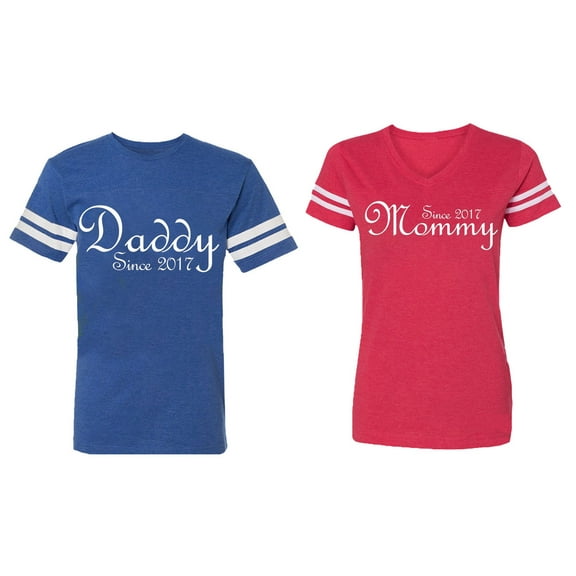 Daddy Mommy Since 2017 Matching Couple Cotton Jerseys (Men Royal / Women Red) (Men M / Women XL)