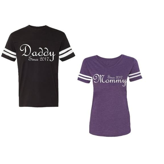 Daddy Mommy Since 2017 Unisex Couple Matching Cotton Jersey style T-Shirt Contrasting stripes on sleeves (Men Black / Women Purple) (Men S / Women S)