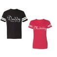 thumbnail image 1 of Daddy Mommy Since 2017 Unisex Couple Matching Cotton Jersey style T-Shirt Contrasting stripes on sleeves (Men Black / Women Red) (Men M / Women L), 1 of 3