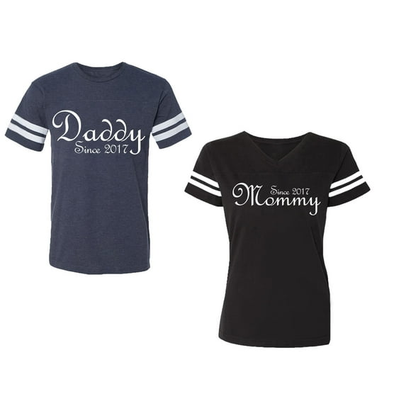 Daddy Mommy Since 2017 Unisex Couple Matching Cotton Jersey style T-Shirt Contrasting stripes on sleeves (Men Navy / Women Black) (Men XL / Women L)