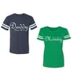 thumbnail image 1 of Daddy Mommy Since 2017 Unisex Couple Matching Cotton Jersey style T-Shirt Contrasting stripes on sleeves (Men Navy / Women Green) (Men L / Women XL), 1 of 3