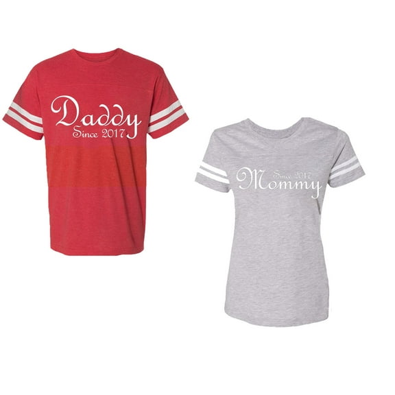 Daddy Mommy Since 2017 Unisex Couple Matching Cotton Jersey style T-Shirt Contrasting stripes on sleeves (Men Red / Women Heather) (Men L / Women S)