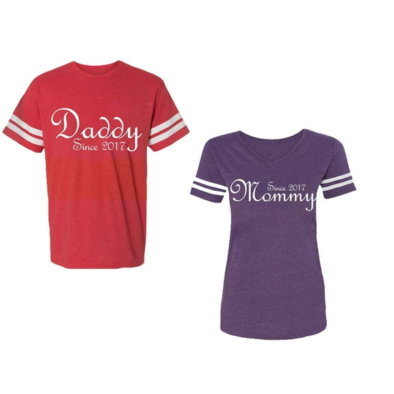Daddy Mommy Since 2017 Unisex Couple Matching Cotton Jersey style T-Shirt Contrasting stripes on sleeves (Men Red / Women Purple) (Men L / Women XL)