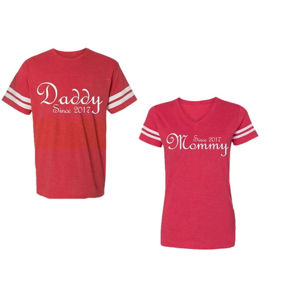Daddy Mommy Since 2017 Unisex Couple Matching Cotton Jersey style T-Shirt Contrasting stripes on sleeves (Men Red / Women Red) (Men XL / Women L)