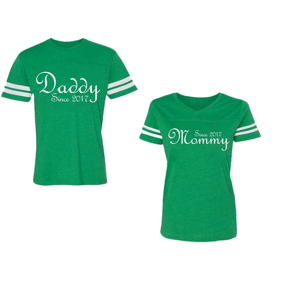 Daddy Mommy Since 2017 Unisex Couple Matching Cotton Jersey style T-Shirt Contrasting stripes on sleeves (Men Green / Women Green) (Men XXXL / Women XXL)