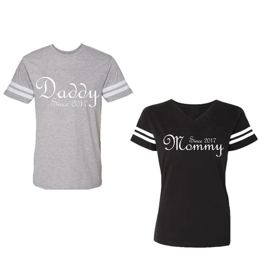 Daddy Mommy Since 2017 Unisex Couple Matching Cotton Jersey style T-Shirt Contrasting stripes on sleeves (Men Heather / Women Black) (Men S / Women S)