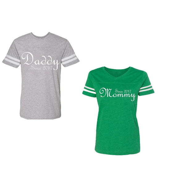 Daddy Mommy Since 2017 Unisex Couple Matching Cotton Jersey style T-Shirt Contrasting stripes on sleeves (Men Heather / Women Green) (Men XL / Women M)