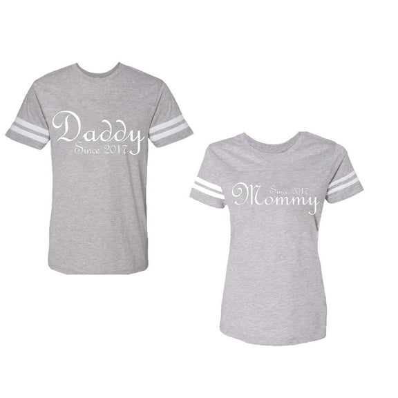 Daddy Mommy Since 2017 Unisex Couple Matching Cotton Jersey style T-Shirt Contrasting stripes on sleeves (Men Heather / Women Heather) (Men M / Women M)