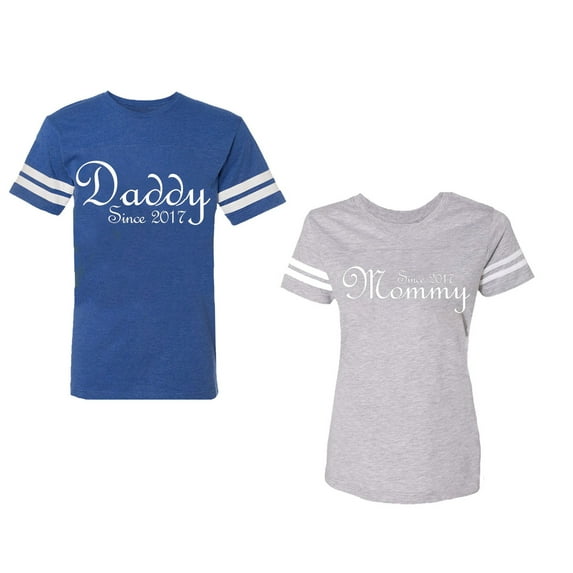 Daddy Mommy Since 2017 Unisex Couple Matching Cotton Jersey style T-Shirt Contrasting stripes on sleeves (Men Royal / Women Heather) (Men S / Women L)