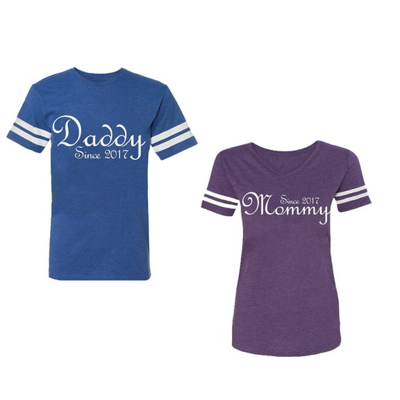 Daddy Mommy Since 2017 Unisex Couple Matching Cotton Jersey style T-Shirt Contrasting stripes on sleeves (Men Royal / Women Purple) (Men XXL / Women S)