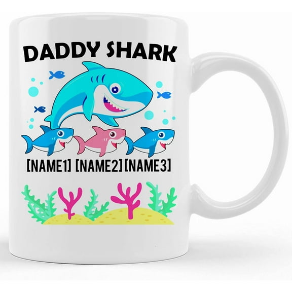 Daddy Shark With 3 Kids Ceramic Coffee Mug Beer Stein Water Bottle Dad Shark, Ceramic Novelty Coffee Mug, Tea Cup, Gift Present For Birthday, Christmas Thanksgiving Festival