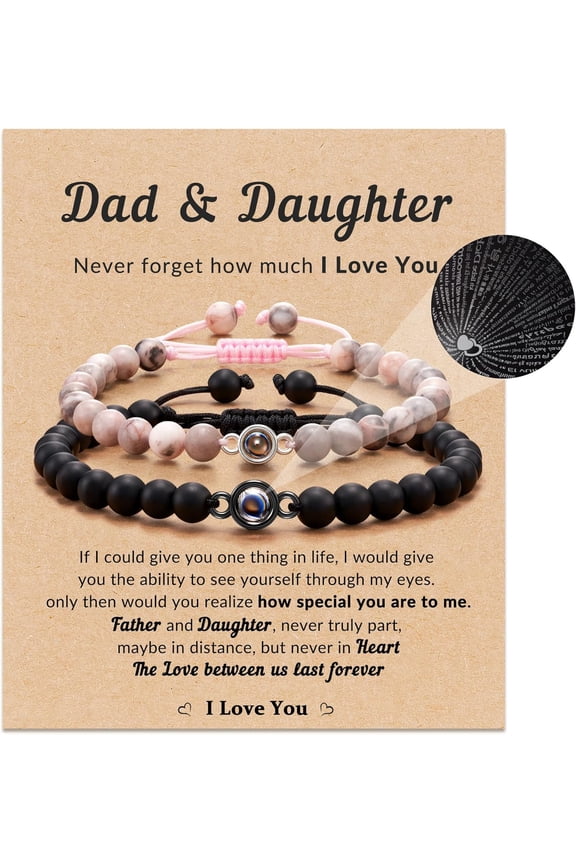 Daddy and Daughter I Love You Projection Bracelet - 100 Languages, Adjustable Natural Stone Bracelet Set Christmas Gift