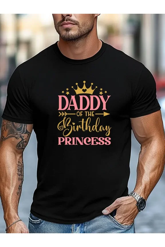 Daddy of the Birthday Princess Crown Graphic Men Short Sleeve Casual T-Shirt