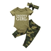 XIAXAIXU Daddy's Baby Boy Girl Outfits Camouflage Letter Print Romper Long Pants Hat Clothes Set Daddy's Girls 6-9 Months