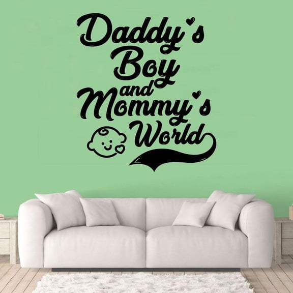 Daddy's Boy And Mommy's World - Cute Baby Boy Silhouette Quote Vinyl Wall Decal Wall Sticker Wall Art For Baby Boys Kids Room Bedroom Nursery Room Cute Wall Art Decoration Design Size (18x20 inch)