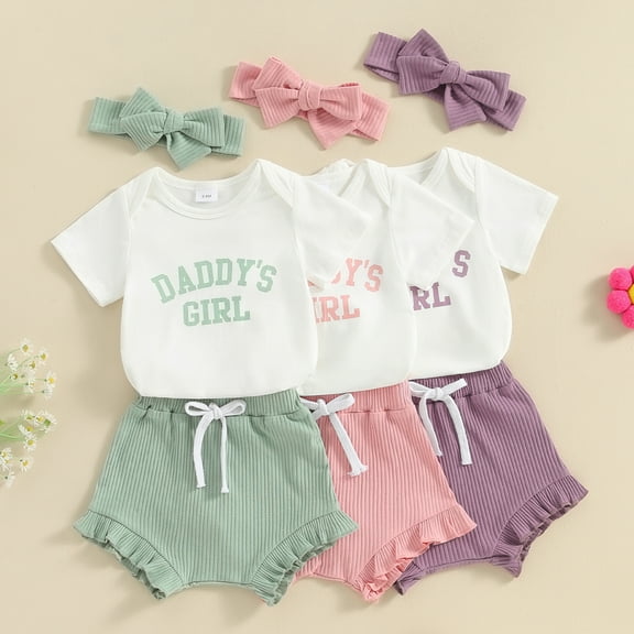 Daddy's Girl Baby Clothes Newborn Short Sleeve Romper Ribbed Shorts Headband Sets 3Pcs Infant Summer Father's Day Outfits
