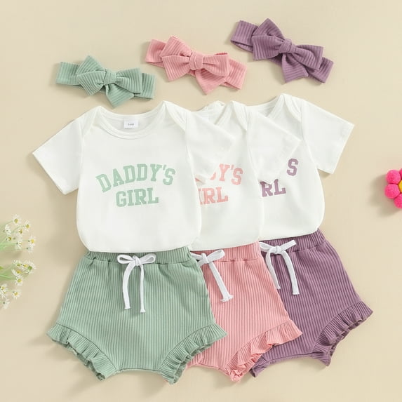 Daddy's Girl Baby Clothes Newborn Short Sleeve Romper Ribbed Shorts Headband Sets 3Pcs Infant Summer Father's Day Outfits