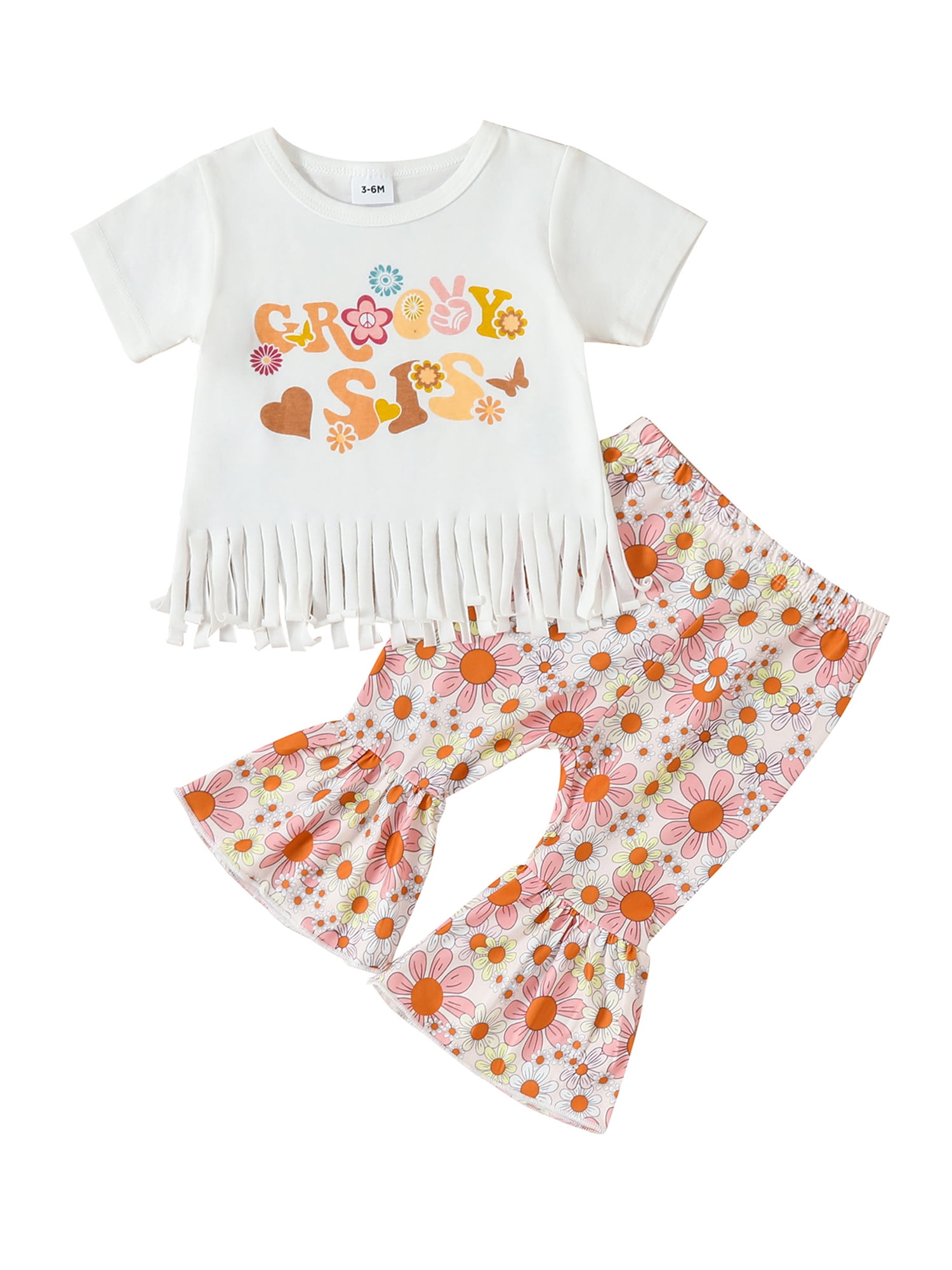 Daddy's Little Girls Summer Outfits Letter Print Short Sleeve T-Shirt with  Tassel and Floral Flare Pants Set 2Pcs Clothes 