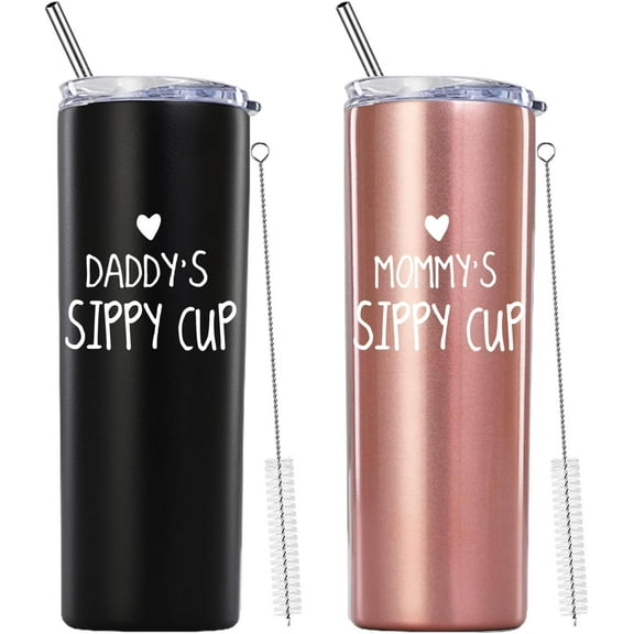 Daddy's and Mommy's Sippy Cup Skinny Tumbler.Couple Gifts.Fathers Mothers Anniversary Birthday Christmas Day Gifts for Mom Dad.Dad Mom Parents Gifts from Daughter Son.(20oz Black&Rose Gold)