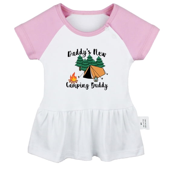 Daddy's New Camping Buddy Funny Dresses For Baby, Newborn Babies Skirts, Infant Princess Dress, 0-24M Kids Graphic Clothes (Pink Raglan Dresses, 12-18 Months)
