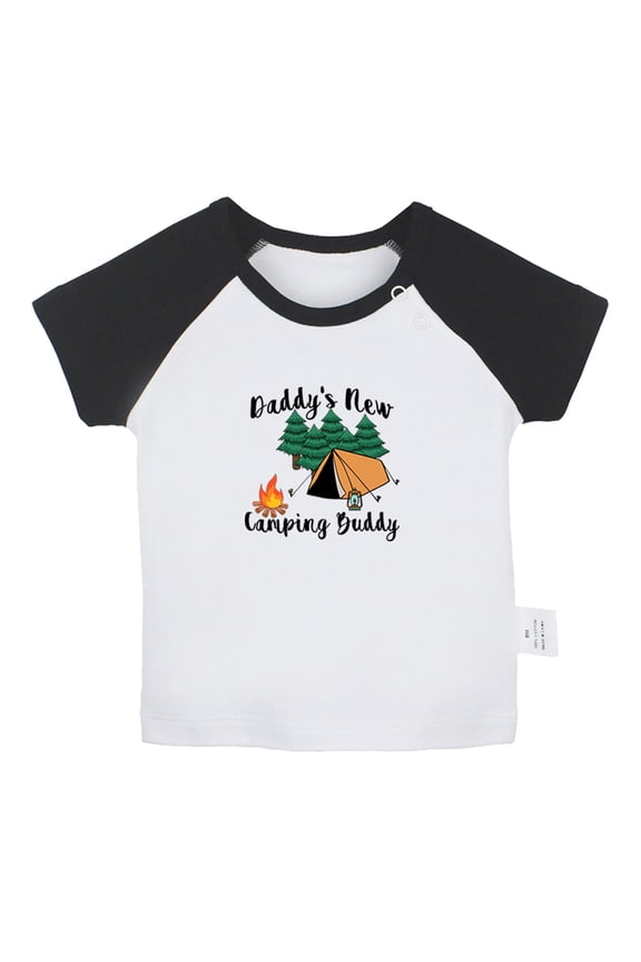 Daddy's New Camping Buddy Funny T shirt For Baby, Newborn Babies T-shirts, Infant Tops, 0-24M Kids Graphic Tees Clothing (Short Black Raglan T-shirt, 18-24 Months)
