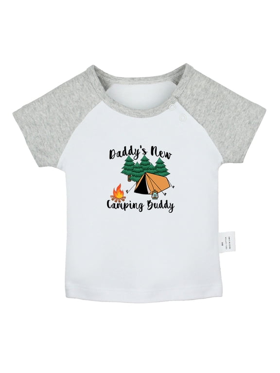 Daddy's New Camping Buddy Funny T shirt For Baby, Newborn Babies T-shirts, Infant Tops, 0-24M Kids Graphic Tees Clothing (Short Gray Raglan T-shirt, 6-12 Months)