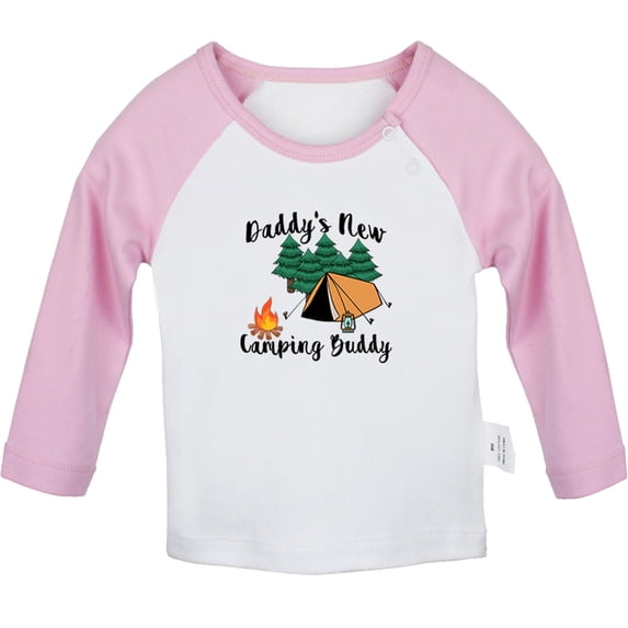 Daddy's New Camping Buddy Funny T shirt For Baby, Newborn Babies T-shirts, Infant Tops, 0-24M Kids Graphic Tees Clothing (Long Pink Raglan T-shirt, 18-24 Months)