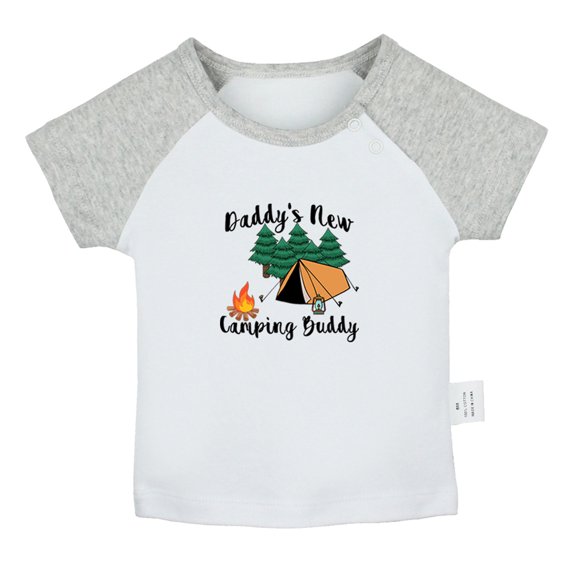 Daddy's New Camping Buddy Funny T shirt For Baby, Newborn Babies T-shirts, Infant Tops, 0-24M Kids Graphic Tees Clothing (Short Gray Raglan T-shirt, 12-18 Months)