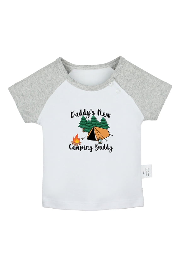 Daddy's New Camping Buddy Funny T shirt For Baby, Newborn Babies T-shirts, Infant Tops, 0-24M Kids Graphic Tees Clothing (Short Gray Raglan T-shirt, 12-18 Months)