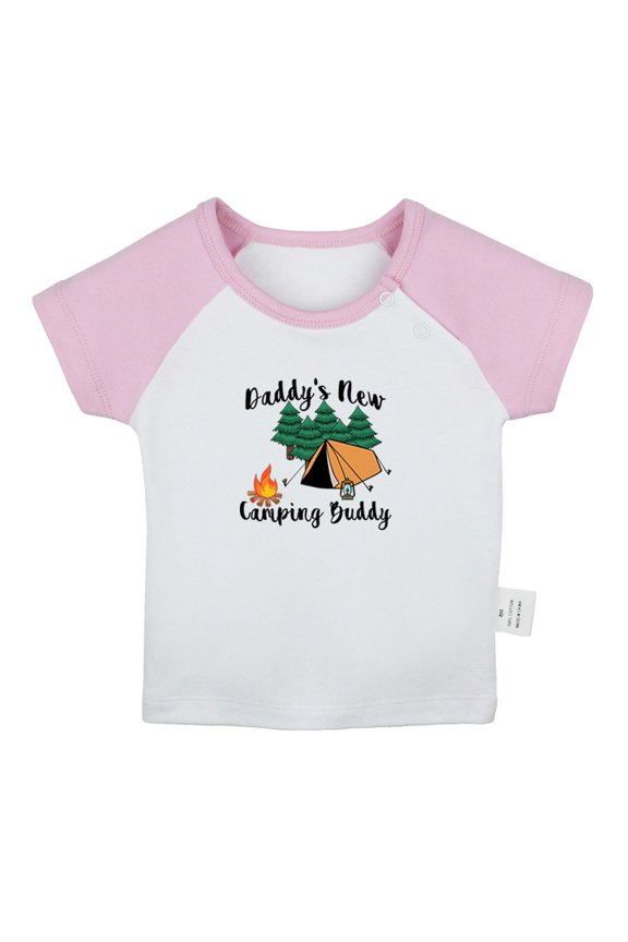 Daddy's New Camping Buddy Funny T shirt For Baby, Newborn Babies T-shirts, Infant Tops, 0-24M Kids Graphic Tees Clothing (Short Pink Raglan T-shirt, 12-18 Months)