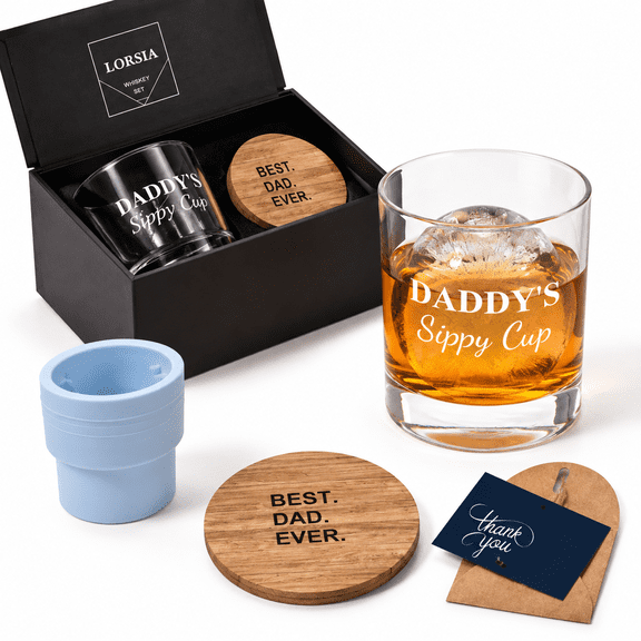 Daddy's Sippy Cup 10 Oz Old Fashioned Glass Gift Set with Ice Ball Mold and Coaster