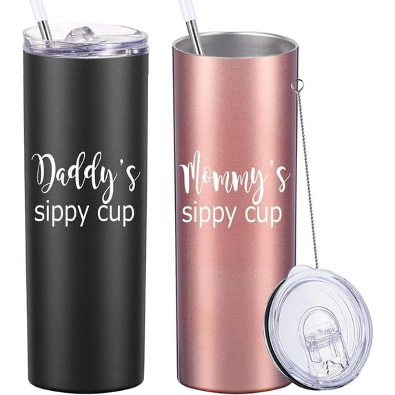 Daddy's Sippy Cup & Mommy's Sippy Cup Skinny Tumbler.Anniversary Fathers Day Mothers Day Gifts. Dad Mom Gifts.Couple Gifts.Christams Birthday Gifts for Parents.(20oz Black&Rose Gold) Black/Rose Gold