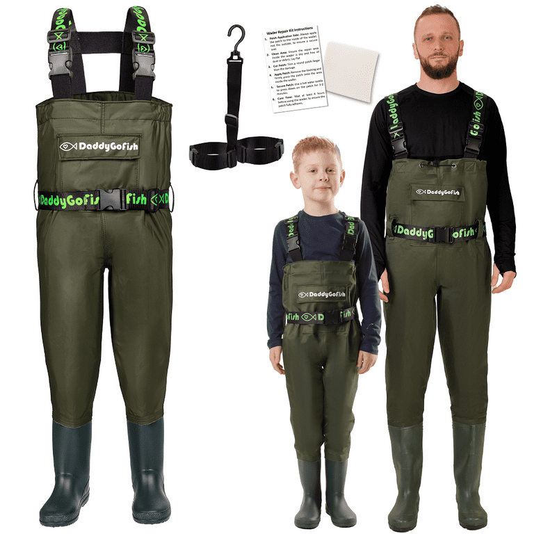 DaddyGoFish Chest Waders for Kids and Adults, Fishing and Hunting Waders with A Pocket and A Wader Hanger, adult Unisex, Size: Age 7-8, Green