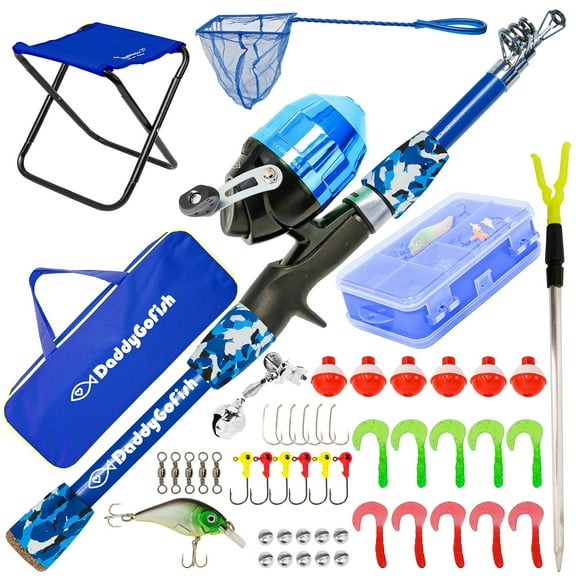 DaddyGoFish Kids Fishing Pole - Telescopic Rod & Reel Combo with Collapsible Chair, Rod Holder, Tackle Box, Bait Net and Carry Bag for Boys and Girls (Blue, 4ft)