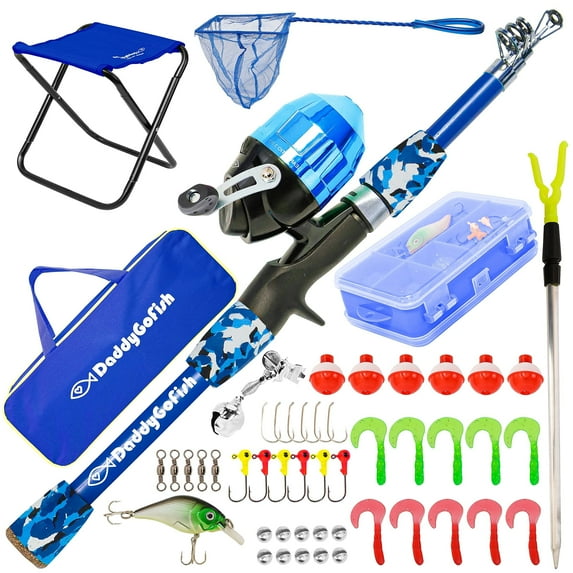 DaddyGoFish Kids Fishing Pole - Telescopic Rod & Reel Combo with Collapsible Chair, Rod Holder, Tackle Box, Bait Net and Carry Bag for Boys and Girls (Blue, 4ft)