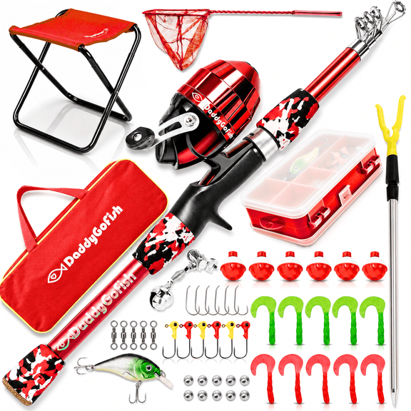 DaddyGoFish Kids Fishing Pole – Telescopic Rod & Reel Combo with Collapsible Chair, Rod Holder, Tackle Box, Bait Net and Carry Bag for Boys and Girls
