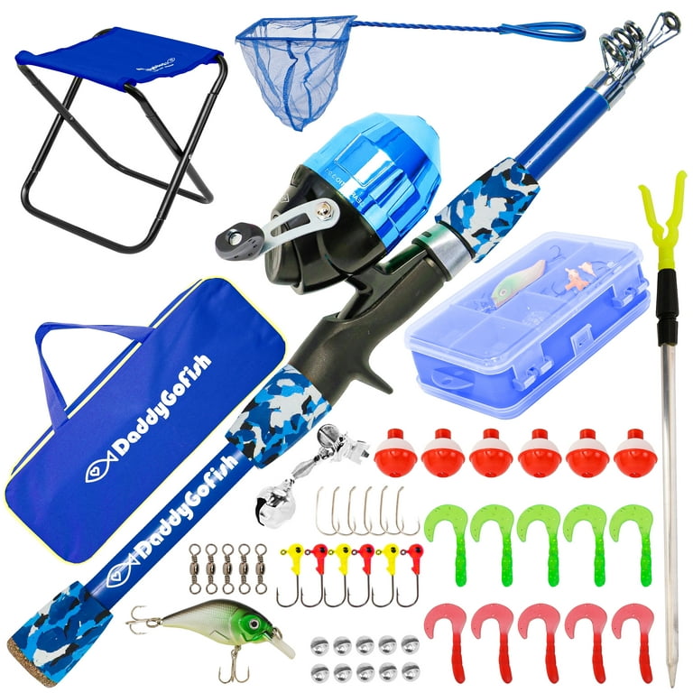 DaddyGoFish Kids Fishing Pole - Telescopic Rod & Reel Combo with  Collapsible Chair, Rod Holder, Tackle Box, Bait Net and Carry Bag for Boys  and Girls (Blue, 4ft) 