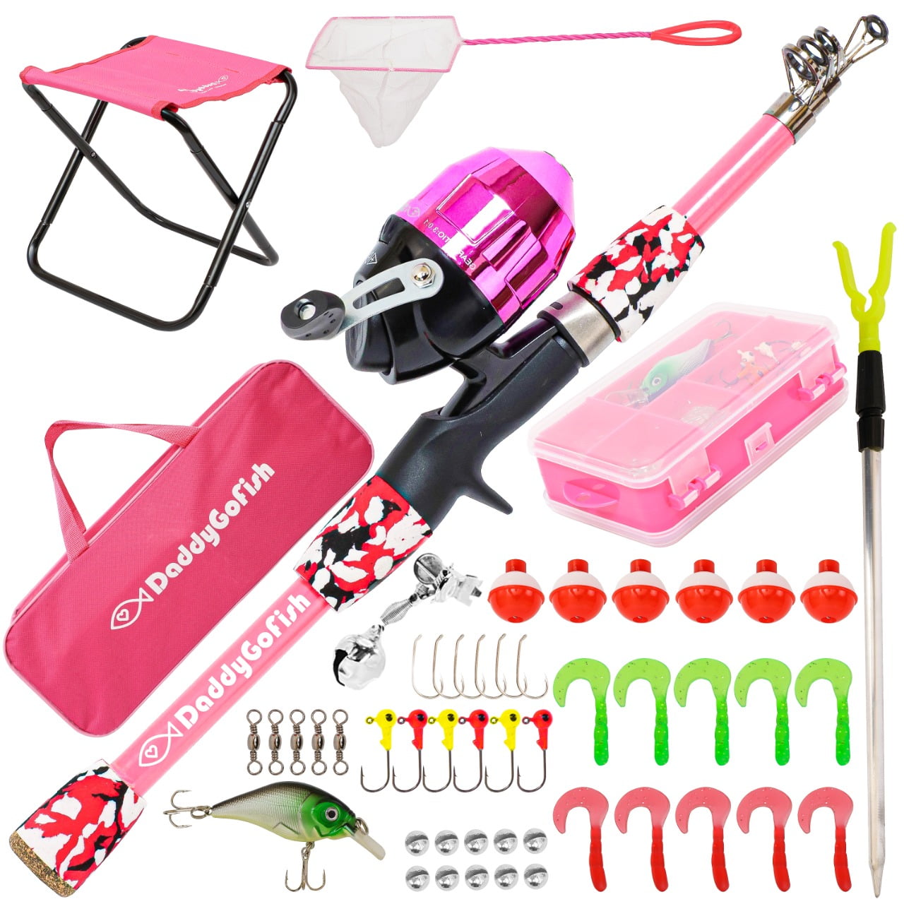 DaddyGoFish Kids Fishing Pole – Telescopic Rod & Reel Combo with  Collapsible Chair, Rod Holder, Tackle Box, Bait Net and Carry Bag for Boys  and Girls (Pink, 5ft) 