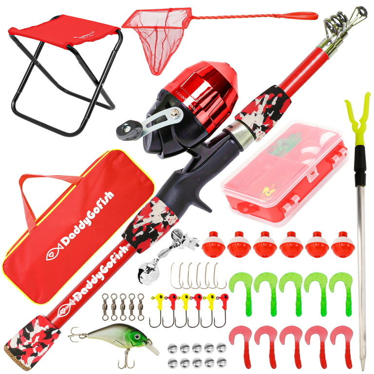 DaddyGoFish Kids Fishing Pole – Telescopic Rod & Reel Combo with  Collapsible Chair, Rod Holder, Tackle Box, Bait Net and Carry Bag for Boys  and Girls (Red, 5ft) 