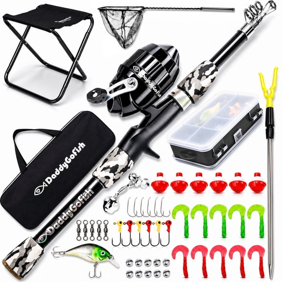 DaddyGoFish Kids Fishing Pole – Telescopic Rod & Reel Combo with Collapsible Chair, Rod Holder, Tackle Box, Bait Net and Carry Bag for Boys and Girls